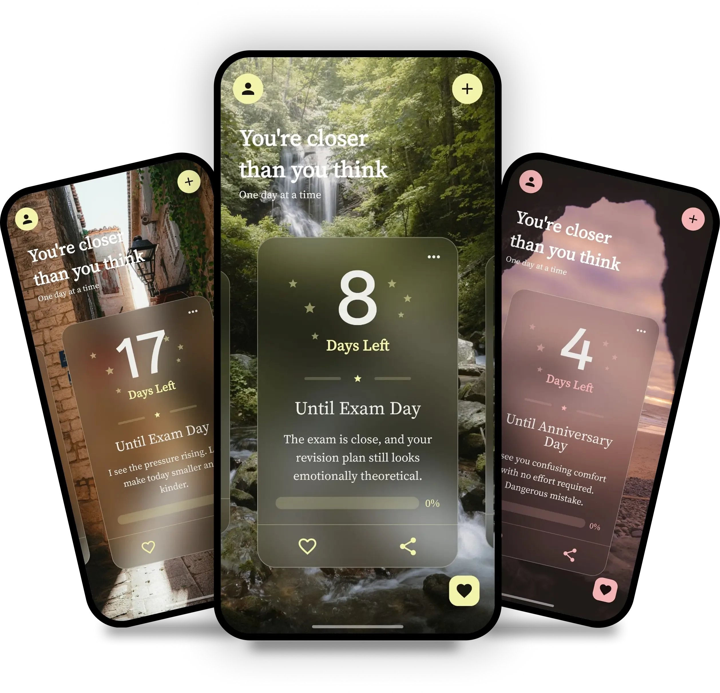Soulful Countdown app interface showing countdown timer and daily inspiration